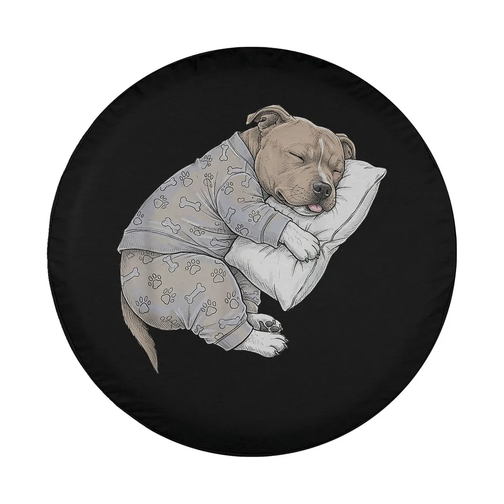 Hand-drawn sleepy Staffordshire Bull Terrier in pajamas hugging pillow illustration
