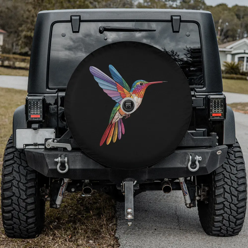 stained glass colorful hummingbird spare tire cover with camera hole