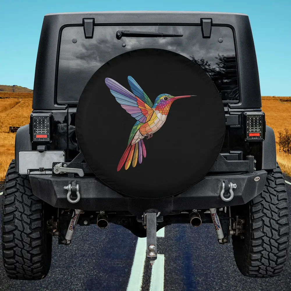 stained glass colorful hummingbird lovers spare tire cover on Jeep