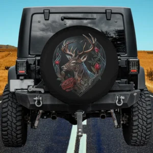 Stained glass deer with red rose art spare tire cover for Jeep Cherokee, no camera hole