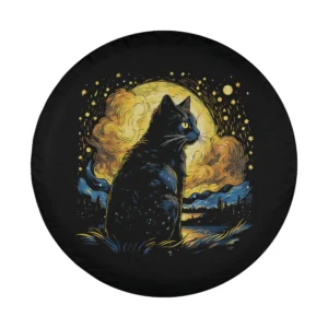Van Gogh starry night style black cat art spare tire cover design closeup
