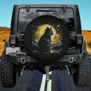 Starry night art black cat spare tire cover with Van Gogh style for Jeep SUV RV