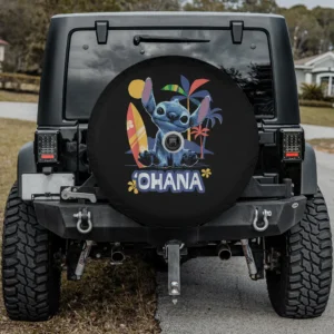 Stitch Ohana surf beach design Jeep Gladiator spare tire cover with backup camera hole