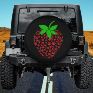Strawberry puppy paw print dog spare tire cover on Jeep with no camera hole