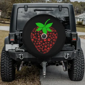 Strawberry puppy paw print dog spare tire cover with backup camera hole on SUV