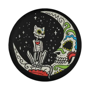Sugar skull cat and crescent moon Dia De Los Muertos Halloween tire cover design