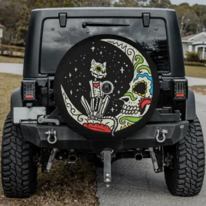 Sugar skull cat and moon Dia De Los Muertos Halloween spare tire cover with backup camera hole