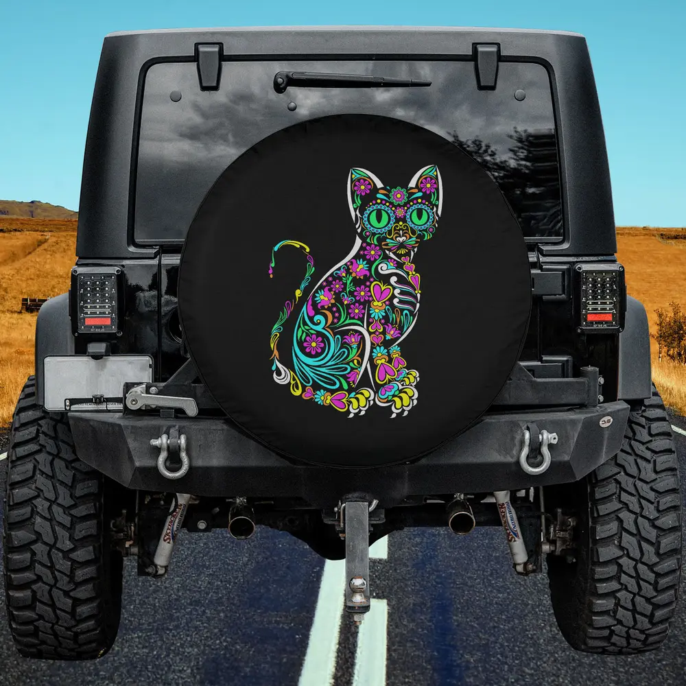 sugar skull floral cat day of the dead spare tire cover no camera hole