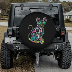 sugar skull floral cat day of the dead spare tire cover with camera hole