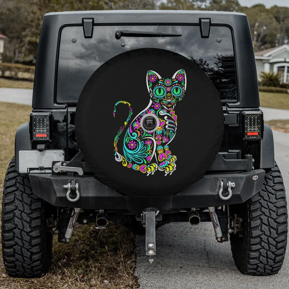 sugar skull floral cat day of the dead spare tire cover with camera hole