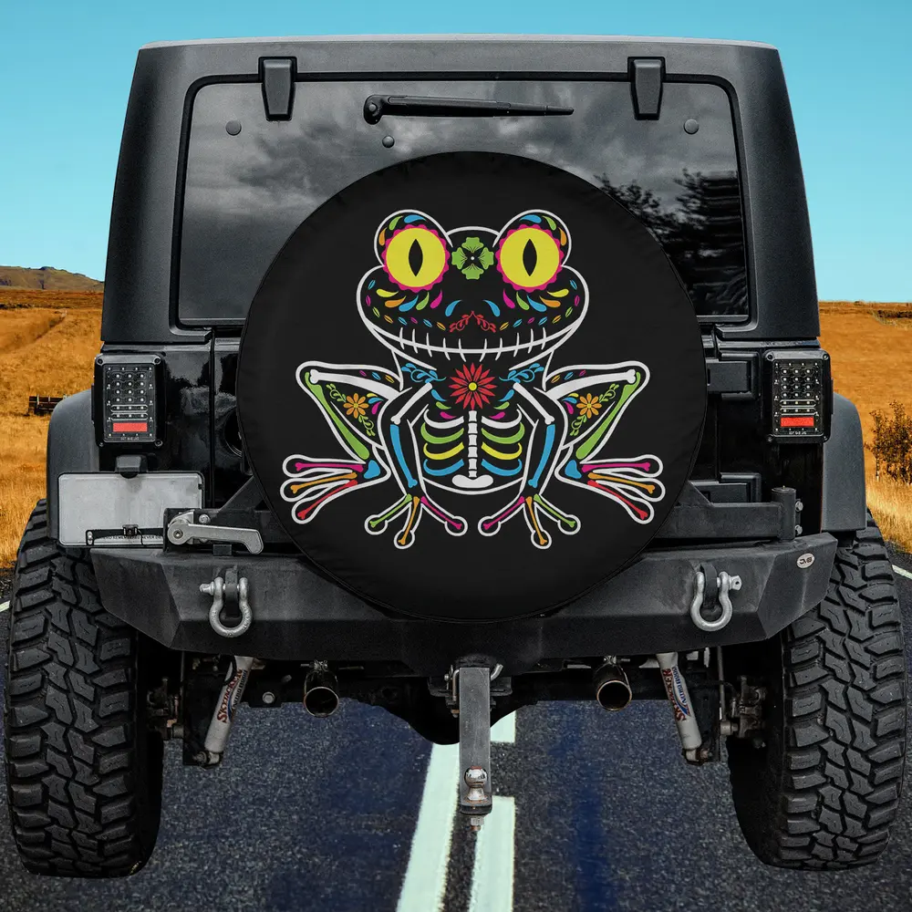 Sugar skull frog skeleton floral day of the dead spare tire cover no camera hole
