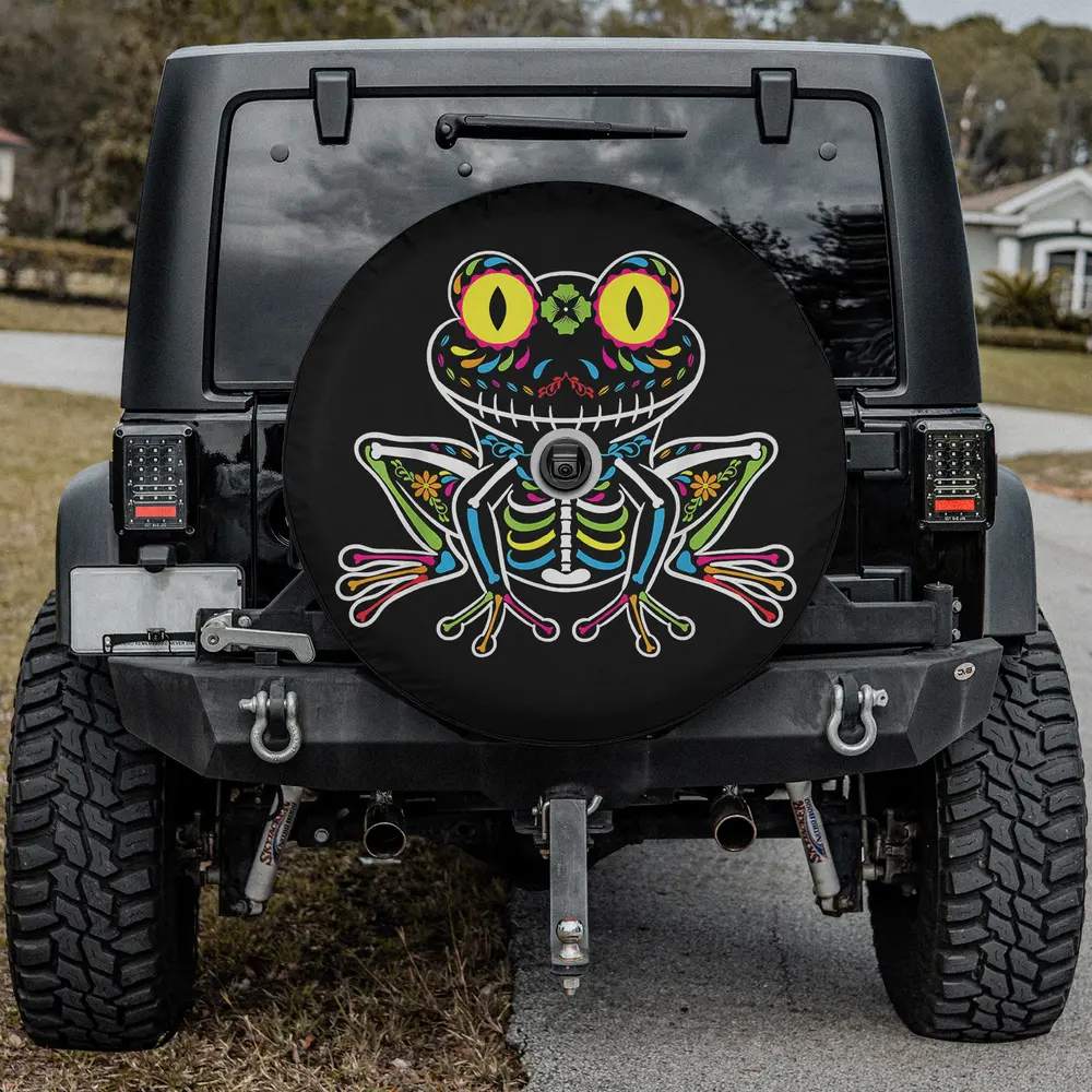 Sugar skull frog skeleton floral day of the dead spare tire cover with camera hole