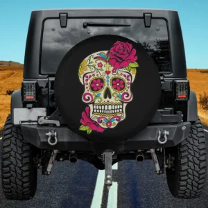 Sugar skull with pink rose Day of the Dead spare tire cover on Jeep, no camera hole