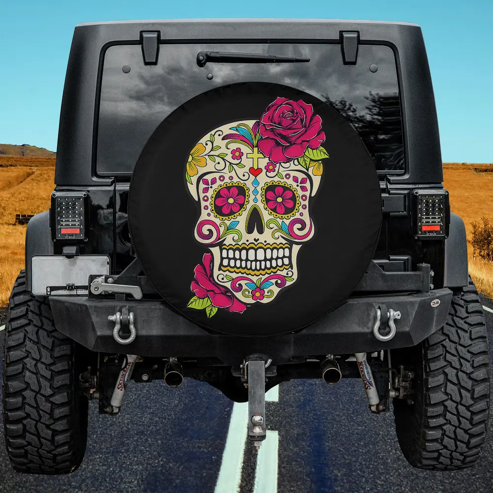 Sugar skull with pink rose Day of the Dead spare tire cover on Jeep, no camera hole