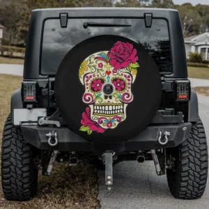 Sugar skull pink rose Day of the Dead spare tire cover with backup camera hole for SUV