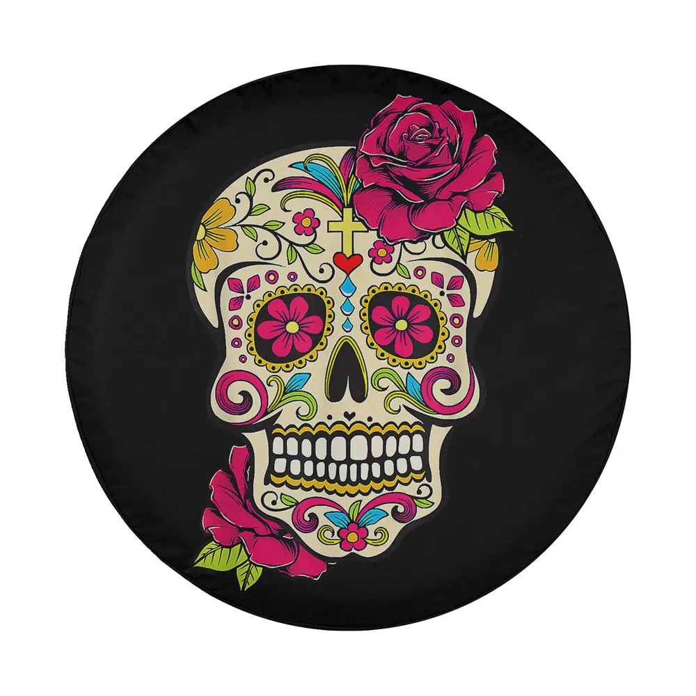 Sugar skull with pink rose and flowers Day of the Dead tire cover design closeup