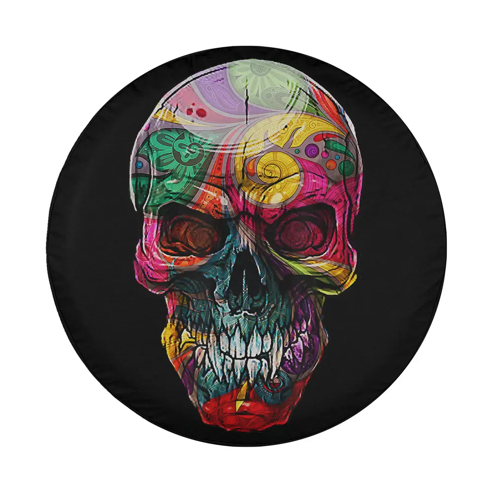 multicolor sugar skull psychedelic bone head design Halloween tire cover