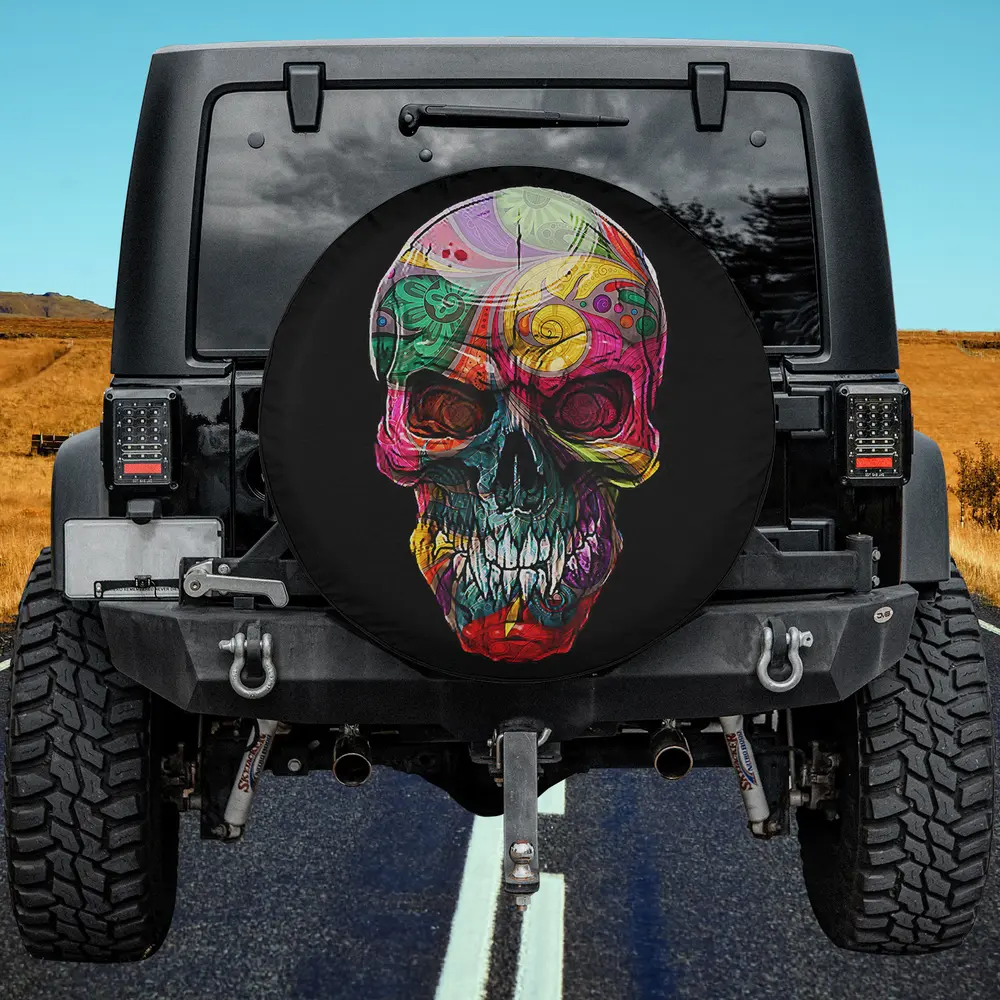 multicolor sugar skull psychedelic bone head spare tire cover no camera hole