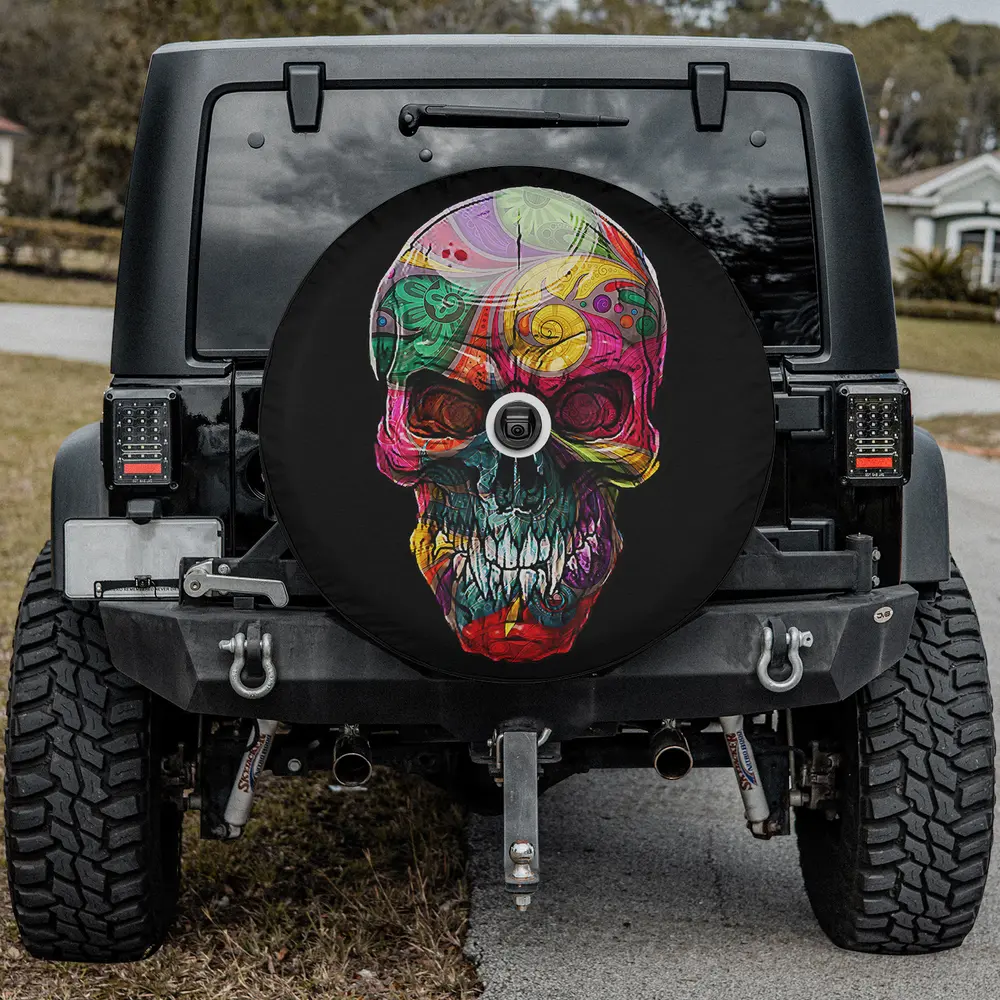 multicolor sugar skull psychedelic bone head spare tire cover with camera hole