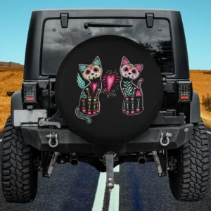 Sugar skull winged cat pink heart spare tire cover with no camera hole for Jeep and SUV