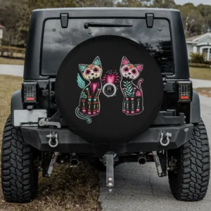 Sugar skull winged cat pink heart spare tire cover with backup camera hole for RV and Jeep