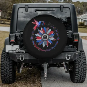 Spare tire cover with sunflower, hummingbird, red blue ribbon for idiopathic pulmonary awareness and camera hole