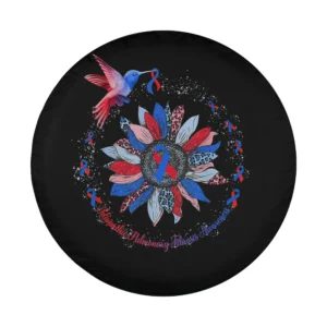 Design of sunflower, hummingbird, red blue idiopathic pulmonary ribbon for spare tire cover
