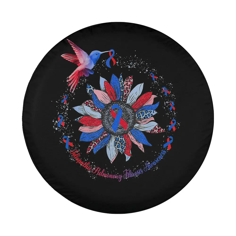 Design of sunflower, hummingbird, red blue idiopathic pulmonary ribbon for spare tire cover