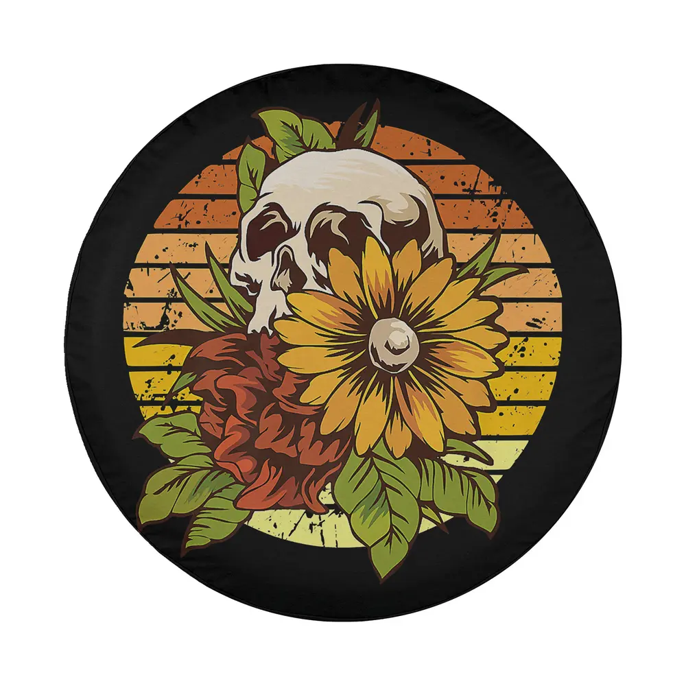 Sunflower skull and retro sunset Halloween design for spare tire cover