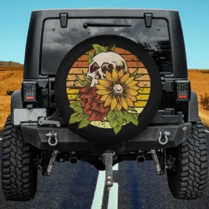 Sunflower skull retro sunset Halloween spare tire cover with bold gothic hippie art, no camera hole