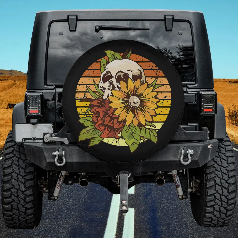 Sunflower skull retro sunset Halloween spare tire cover with bold gothic hippie art, no camera hole