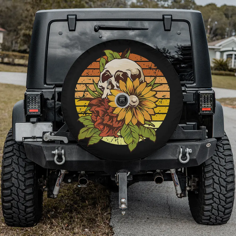 Sunflower skull retro sunset Halloween spare tire cover for Jeep with camera hole, gothic hippie style