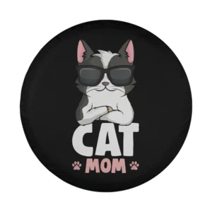 cartoon cat with sunglasses cat mom text spare tire cover design only