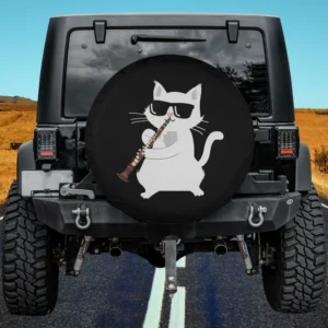 Sunglasses cat playing clarinet cartoon music spare tire cover for Jeep SUV RV