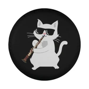 Cartoon white cat with sunglasses playing clarinet spare tire cover art