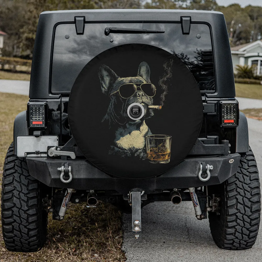 French Bulldog sunglasses cigarette whisky funny dog spare tire cover with camera hole