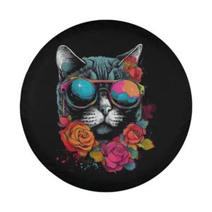 Colorful cat with sunglasses and flowers artwork for spare tire cover