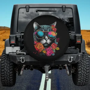 Sunglasses flower cat lover artwork spare tire cover with vivid floral design, no camera hole