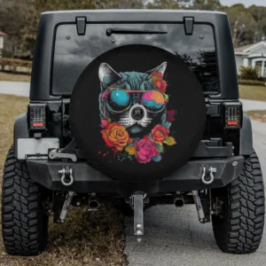 Sunglasses flower cat lover artwork spare tire cover for Jeep with backup camera hole