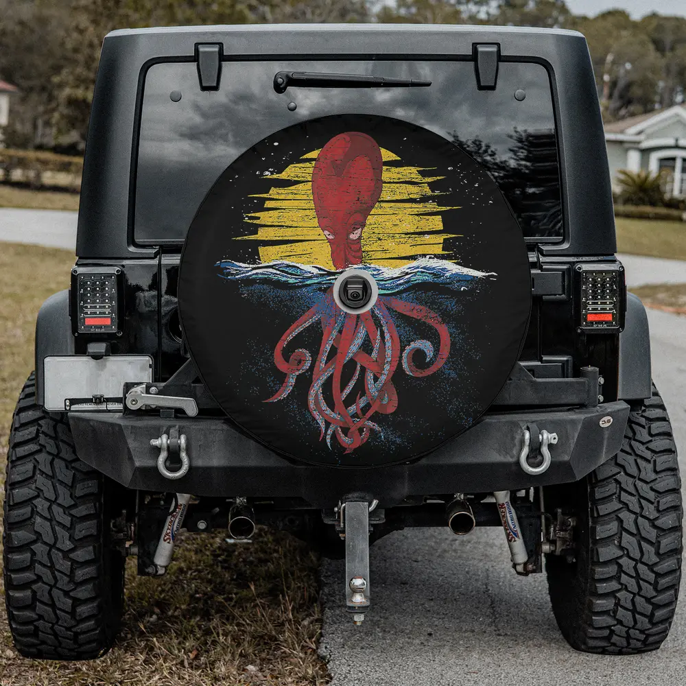 sunset kraken ocean octopus sea monster spare tire cover with camera hole