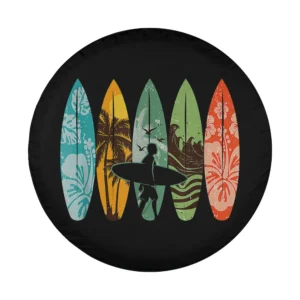 Hawaii surfboarder silhouette and hibiscus surfboards design for spare tire cover