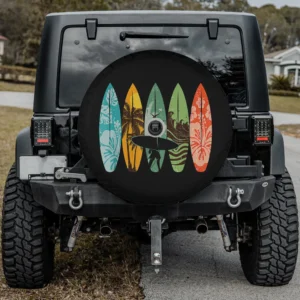 Spare tire cover with surfboarder silhouette, hibiscus surfboards, fits Ford Bronco with camera hole