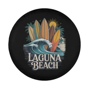 Laguna Beach surfboards, wave, and sunset design for spare tire cover
