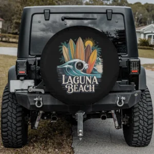 Laguna Beach spare tire cover with surfboards, wave, sunset, and backup camera hole option
