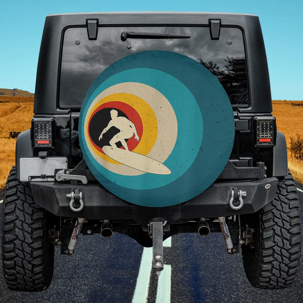 Surfer silhouette with retro wave design on Ford Bronco spare tire cover, no camera hole
