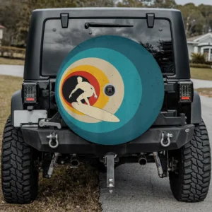 Surfer silhouette retro wave Ford Bronco spare tire cover with backup camera hole