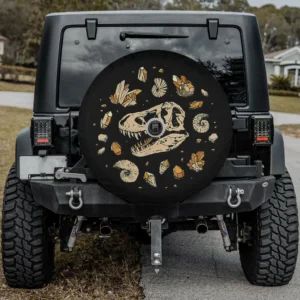 t-rex skeleton crystals fossil dinosaur spare tire cover with camera hole