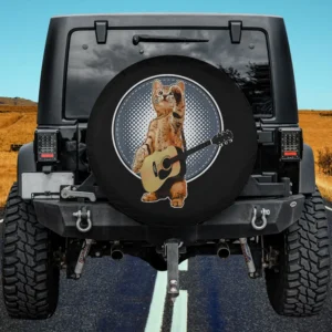 Tabby cat playing acoustic guitar pop art spare tire cover for Jeep SUV RV, no camera hole