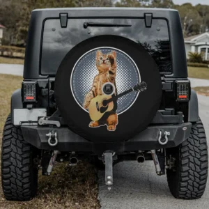 Tabby cat acoustic guitar pop art spare tire cover with backup camera hole for Jeep SUV RV