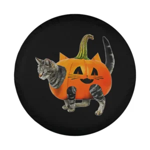 Funny Halloween tabby cat in jack-o-lantern pumpkin costume tire cover design only
